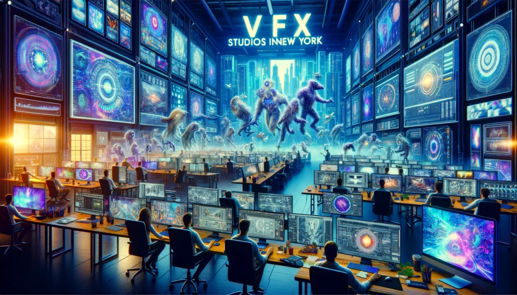 dall·e 2024 05 23 18.51.34 a vibrant and high tech illustration showcasing vfx studios in new york. the scene should depict a cutting edge studio environment with artists and an