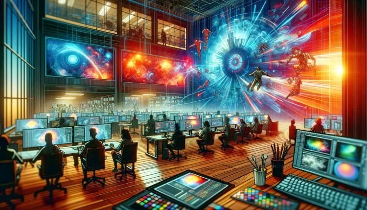 dall·e 2024 05 23 18.56.34 a vibrant and dynamic illustration of a vfx studio in new york. the scene should depict a modern high tech environment with artists and animators wor e1716470833451